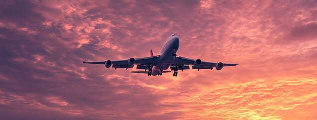 A large passenger airplane flying in the sky at sunset, with copy space on one side of it.