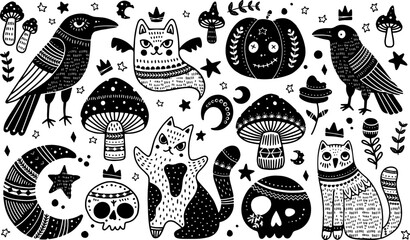 Happy Halloween Cute Illustrations and Design Elements. Set in Scandinavian black white style with pumpkin, dead cat, raven, mushroom, skull, moon