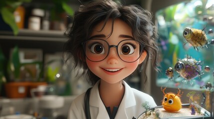 Smiling Girl with Fish in Aquarium