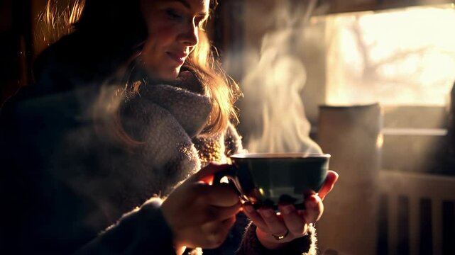 Smoky coffee in woman's hand by sunset window, winter warmth and coziness