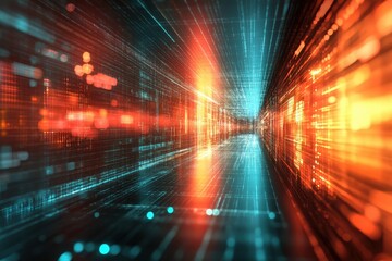 Fototapeta premium Dynamic digital corridor illuminated with vibrant blue and orange light patterns at night