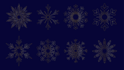 Set of different golden snowflakes, decorative winter elements for Christmas decor. Vector graphics.