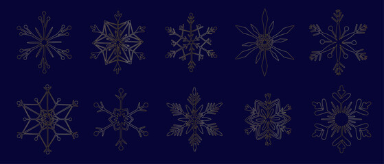 Set of different golden snowflakes, decorative winter elements for Christmas decor. Vector graphics.