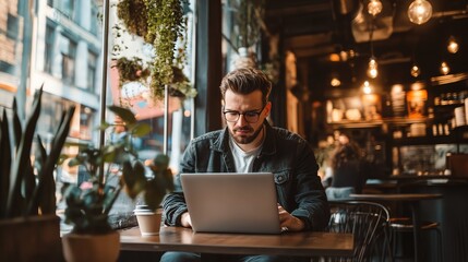 A young man sits at a table in a cafe, working on his laptop. The cafe is bright and airy, with large windows and a view of the street.