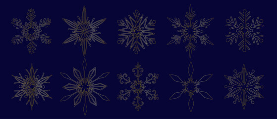 Set of different golden snowflakes, decorative winter elements for Christmas decor. Vector graphics.