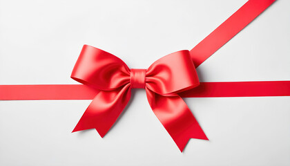 A red satin ribbon with a bow displayed on a white background, perfect for gifts, decorations, or festive occasions, adding a touch of elegance and charm