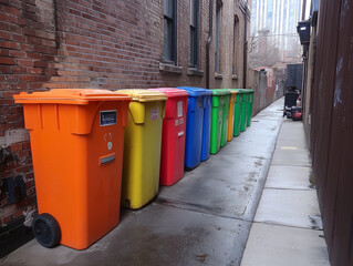 Colourful Trash Bins in Urban Alley