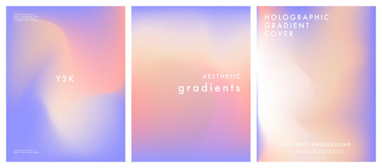 Hologram gradient background. Fluid. Violet, pink and light peach color. Light liquid texture. Iridescent. Blurred bg. Y2K holographic poster set. Gradient template design for poster, social post