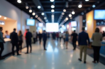 Blur, defocused background of public exhibition hall. Business tradeshow, job fair, or stock market. Organization or company event, commercial trading, or shopping mall marketing advertisement concept