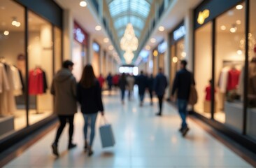 Defocused image of shopping center with people walking. Retail sale, commercial space, or holiday season. Consumer behavior, marketing, or customer experience concept