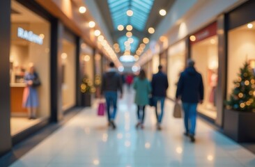 Defocused image of shopping center with people walking. Retail sale, commercial space, or holiday season. Consumer behavior, marketing, or customer experience concept