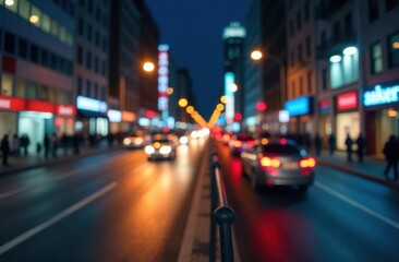 Blurred motion background of city street at night. Urban lifestyle, traffic movement, or nightlife. Metropolis, hustle and bustle, or busy downtown concept.