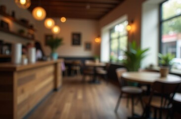 Fototapeta premium Out of focus background of casual cafe interior. Coffee shop, social hangout, or coworking space. Relaxed atmosphere, lifestyle, or urban culture concept