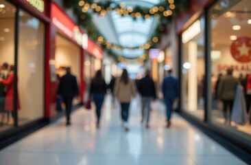 Defocused image of shopping center with people walking. Retail sale, commercial space, or holiday season. Consumer behavior, marketing, or customer experience concept