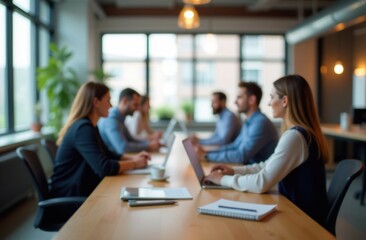 Soft focus background of modern office workspace. Team collaboration, corporate work environment, or coworking space. Business productivity, startup culture, or remote work concept
