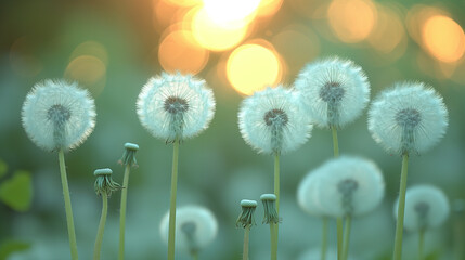 Obraz premium White Dandelions on Green Background