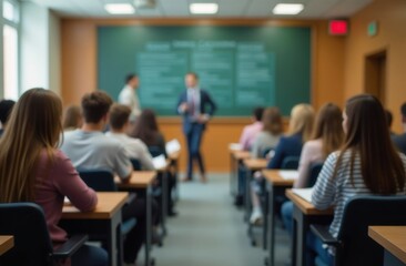 Fototapeta premium Out of focus background of educational classroom or lecture hall. Academic learning, college environment, or school activity. Student life, teaching, or professional development concept