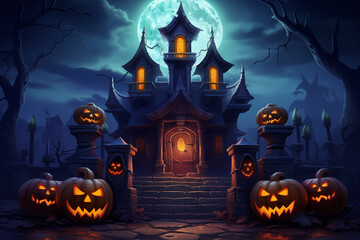 Halloween haunted house with bright moon and pumpkins. Halloween background for games. Halloween spooky mansion. Halloween game background. Casual Halloween background.