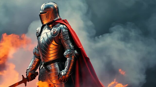 A knight in full armor stands amidst a fiery haze, his sword drawn and his face obscured by a helmet