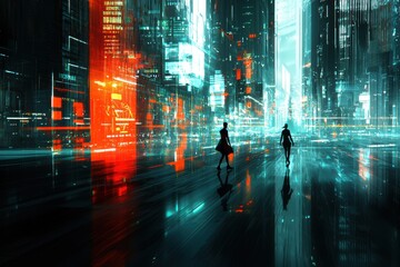 Fototapeta premium These are two people walking through a city at night - People