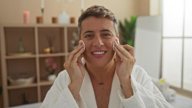 Young man enjoying facial treatment in a spa wellness center while wearing a white robe in a serene indoor setting with candles and plants in the background.