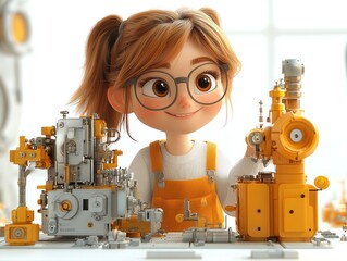 Cute Cartoon Girl with Yellow Machinery