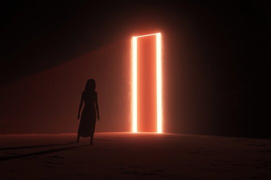 Woman standing in front of an open door in a dark room - People