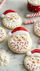 Vertical format, Deliciously decorated Christmas cookies featuring Santa Claus, sprinkles, and candy canes on a festive baking surface