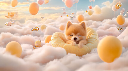 A snarky baby dog sitting with crossed arms, surreal 3D cartoon style, sarcastic expression, floating in a pastel dream world 