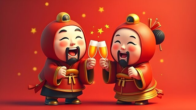 red male daruma, golden female daruma, both very happy, smiling, cheering, toasting together, realistic and minimalistic style, birthday invitation