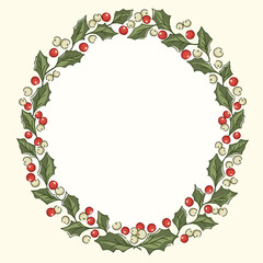 Nostalgic round holly garland illustration in traditional Christmas colors. Festive evergreen border with vintage holiday foliage and berries, ideal for seasonal winter imagery.