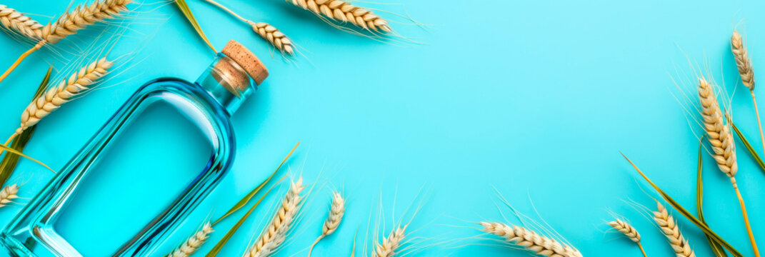 Spikelets of wheat and bottle on blue background