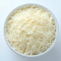 Close-up of shredded white cheese in a bowl.