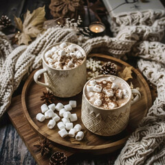Fototapeta premium Two cups of hot chocolate with marshmallows and knitted scarf on rustic wooden background