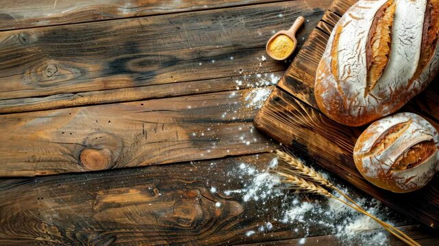 Freshly baked loaves of bread on a rustic wooden table