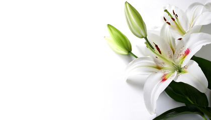 Fototapeta premium Lily with leaves pattern on side position provides copy space for text. background concept isolated white