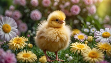 Easter chick on spring floral background.