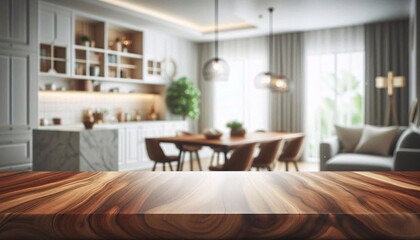 Fototapeta premium Wood table top on blurred kitchen background. can be used mock up for montage products display or design layout