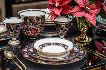 Luxury porcelain dishes on table in restaurant