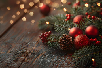 Christmas tree branches and red decorations on a dark wooden background. New Year's background with space for text