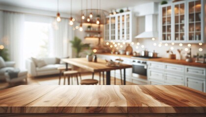 Fototapeta premium Wood table top on blurred kitchen background. can be used mock up for montage products display or design layout