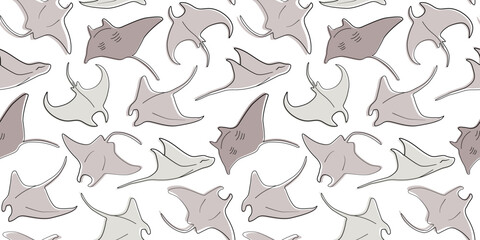 Seamless pattern with lined silhouettes of stingrays. Sea fish print.  Vector graphics.