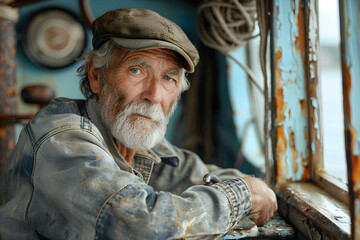 Obraz premium An old fisherman with a gray beard, wearing a denim shirt and a cap, is sitting in a boat. Close-up portrait