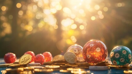 Lottery tickets with lucky numbers, coins and balls on the sunny background 