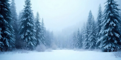 Fototapeta premium Snow-covered forest background depicting a serene landscape of tall trees blanketed in white snow, creating a peaceful winter ambiance perfect for seasonal themes
