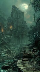 Ruined Castle Under a Full Moon - A Haunting Scene