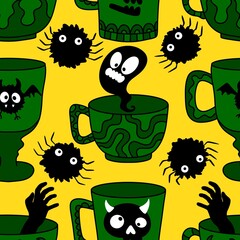 Halloween monsters seamless cups and ghost pattern for wrapping paper