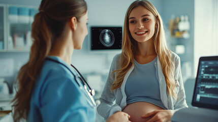 Obraz premium Doctor provides medical care and support to a smiling pregnant woman during a modern hospital room consultation