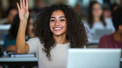 Smiling student is raising her hand to ask a question during class, eager to learn more
