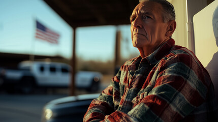 Fototapeta premium Serious senior citizen is waiting in line at an outdoor polling station, with an american flag waving in the background